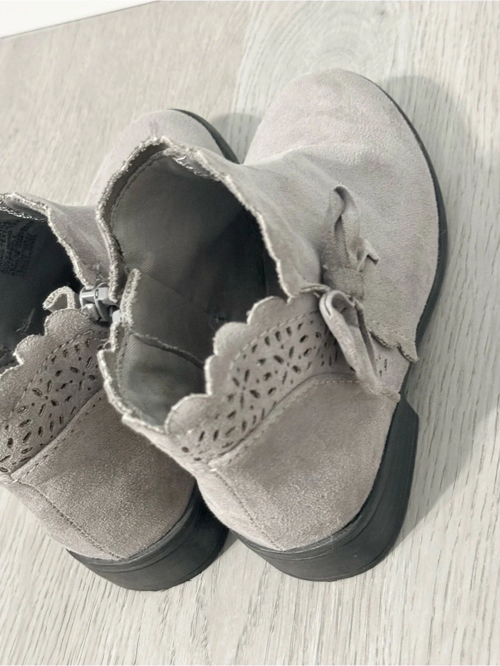 Gray Suede Scalloped Bow Ankle Boots for hirls